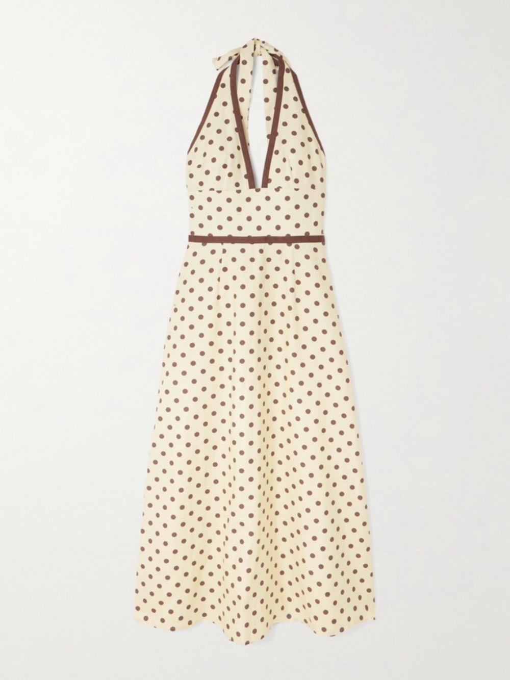 Posse Cream Halter Backless Polka Dot Midi Dress with Brown Trim
